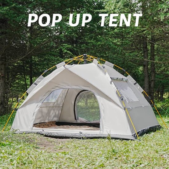 2-Persoons Pop-Up Campingtent – Snel Opzetbare 4-Seizoen Tent met 2 Deuren & Ventilatieramen – Inclusief Draagtas, Haringen & Scheerlijnen – Geel van Merkloos