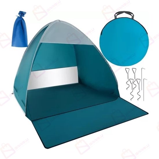 2-Persoons POP-UP Strandtent met Muskietennet 150x120x110 cm – Zelfopenend – UV 30+ – Waterkolom 300 mm – Inclusief Haringen en Draagtas – Blauw/Wit – 50061 van Merkloos