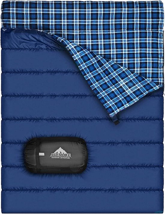 2 persoons slaapzak - Blauw - 149,9 x 220 cm - Katoenen Flanel Dubbele Waterdichte Slaapzak - Voor Kamperen en Wandelen