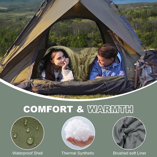 2 persoons slaapzak - Legergroen - Queen Size - Dubbele Slaapzak met Synthetische Vulling - Voor Volwassenen en Outdoor