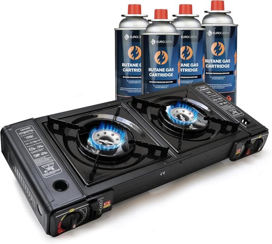 2-Pits Gaskooktoestel – 2500 Watt – Piezo-ontsteking – Verstelbare Vlam – Inclusief 4 Butaangaspatronen