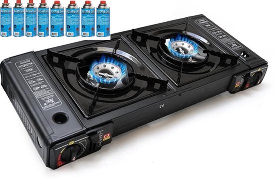 2 pits Kooktoestel op Gas - incl 8 Butaan Gasbussen - Gas Stove - Camping Kooktoestel - Gaspit - Gasfornuis - Gasstel - Cooker MET KOFFER