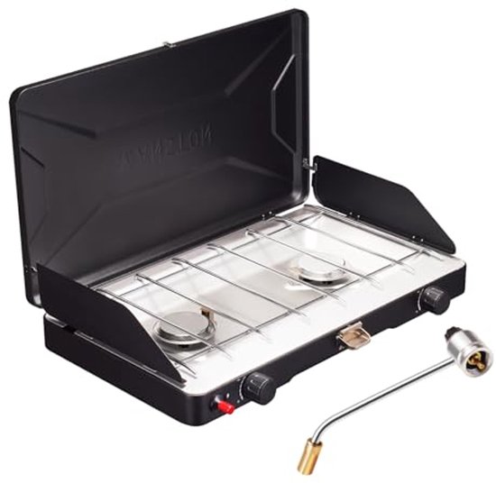2-pits propaan campingfornuis met 20.000 BTU, draagbare gasbarbecue met verstelbare branders en windschermen van Merkloos