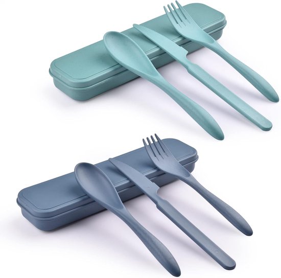 2 sets herbruikbare bestekset met etui, reis vork mes lepel set, draagbare plastic bestekset voor picknick, school, kantoor, lunch (blauw, groen)