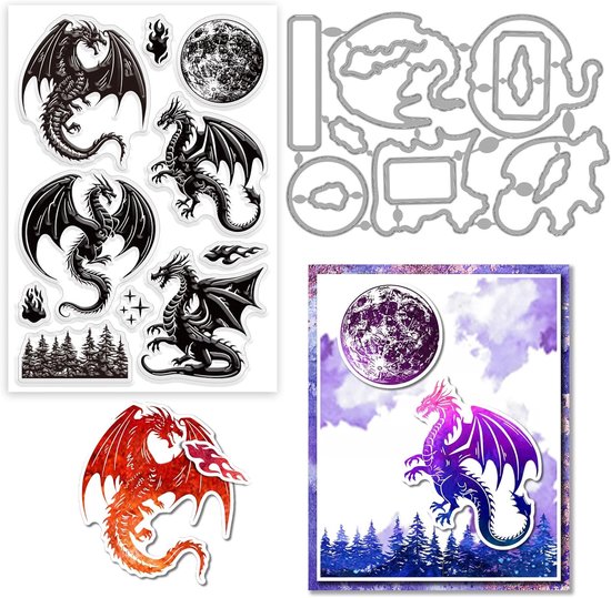 2 Stks Draak en Maan Clear Stempels en Snijmallen Siliconen Clear Stempels Kaarten en Metalen Die Cuts Voor Kaarten Maken En Diy Embossing Scrapbooking