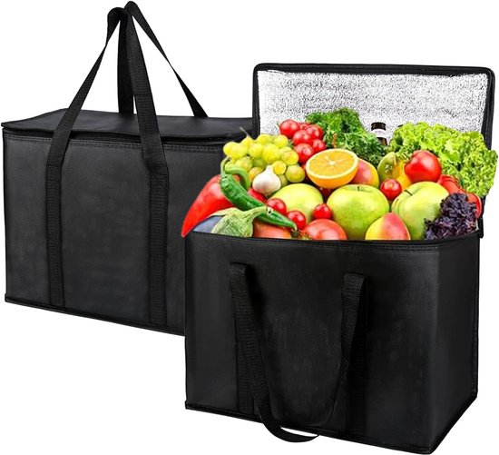 2 stuk - 30L - Koeltas - Opvouwbare koeltas - grote koeltas - boodschappentas, met stevige rits - geïsoleerde tas - boodschappenmand - picknicktas - geschikt voor buitenreizen - 41*26*33 cm - zwart van Merkloos