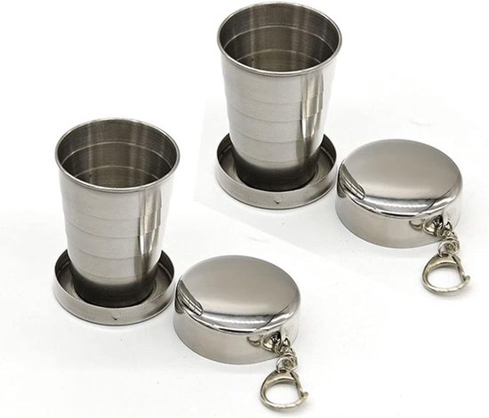 2 stuks 100 ml roestvrijstalen opvouwbare bekers, herbruikbaar, draagbaar, opvouwbaar reisbeker met deksel en sleutelhanger, geschikt voor kamperen, picknicken, wandelen en andere buitenactiviteiten. Drinkbeker.