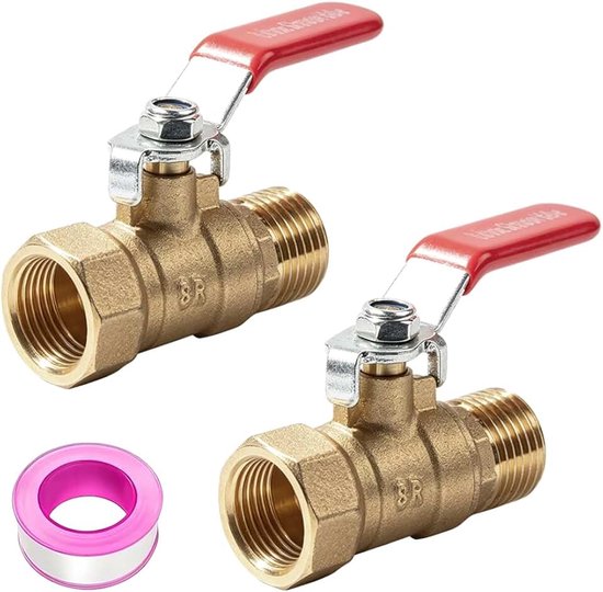 2 stuks 1/2 inch messing kogelkraan, afsluitkraan van messing met hendelgreep, afsluitventiel AG/IG PN25 DN15 met afdichtingstape volledige doorgang voor water, gas, sanitair buisfittingen