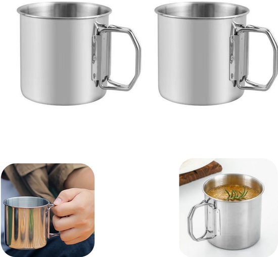2 stuks beker - bergbeklimmersbeker - campingbeker - theebeker - koffiebeker - opvouwbaar - verwarmbaar - metalen waterbeker - buitenaccessoires - geschikt voor kamperen, bergbeklimmen, wandelen (zilver, 8,5*8 cm)