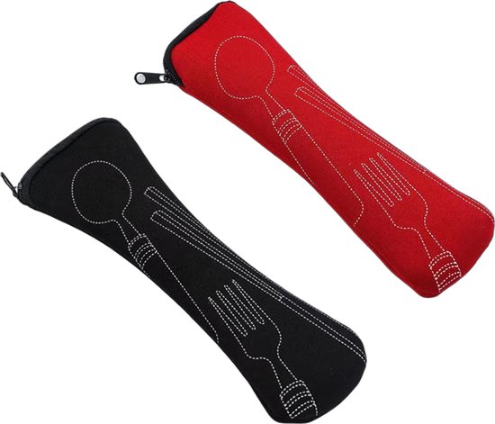2 stuks - Bestekzakje - Bestek Zakje - Buiten reizen kamperen bestek tas - rood,zwart - Draagbaar bestek servies serviesgoed draagtas - 24*7cm - Bestek niet inbegrepen - Neopreen