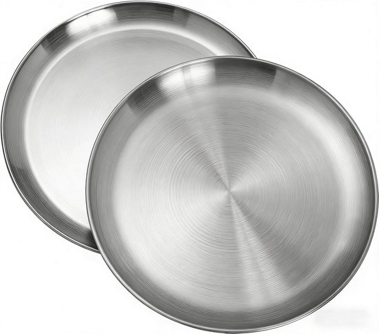 2 Stuks Camping Borden - RVS Servies - Φ 23cm - Duurzaam en Lichtgewicht - Voor Kamperen Picknick Feesten - Mat Zilver