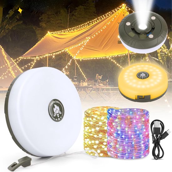 2 Stuks Camping Lichtsnoer 10 M - Warme lichten en Kleur licht - Campingverlichtingssnoer - Lampenslinger - Ambience Strip - 4-in-1 draagbaar - Camplamp - Oprolbaar - Waterdicht - Solar String Lights - Voor kamperen, tuin, decoratie - USB Oplaadbare van Merkloos