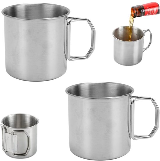 2 stuks - Campingmok - Roestvrijstalen mokkenset - Klein wijnglas - Koffiemok - Draagbare waterfles - Opvouwbaar handvat - Roestbestendig - Stevig en duurzaam - Zilver - 220 ml - 7×7×6,5 cm - Geschikt voor kamperen, reizen en bars