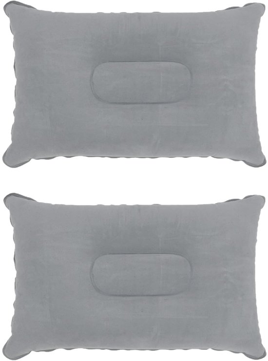 2 Stuks Draagbaar opblaaskussen – 34x22 cm opblaasbaar campingkussen – Gevlokt duttkussen – Geschikt voor kamperen, wandelen, strand, dutjes, slaap en ondersteuning van nek en onderrug – Grijs