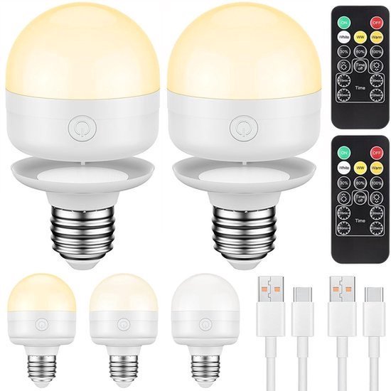 2 Stuks E27 Oplaadbare LED Lamp met Afstandsbediening - Magnetische Dimbare Lamp USB-C (2500mAh) - Draadloze Noodverlichting & Sfeerverlichting - 3 Kleurtemperaturen & Timer - 7W