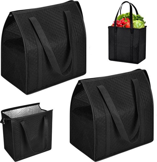 2 stuks - Geïsoleerde boodschappentas - Geïsoleerde koeltas - Geïsoleerde draagtas - Geïsoleerde tas van non-woven materiaal met stippen - 30 cm x 18 cm x 33 cm - Zwart - Met ritssluiting - Geschikt voor warme en koude gerechten en voor koeling