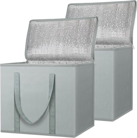 2 Stuks Geïsoleerde Boodschappentassen - Opvouwbare Koeltas voor Boodschappen - Grote Herbruikbare Koeltas met Ritssluiting - Zilvergrijs - 16''x9''x13''