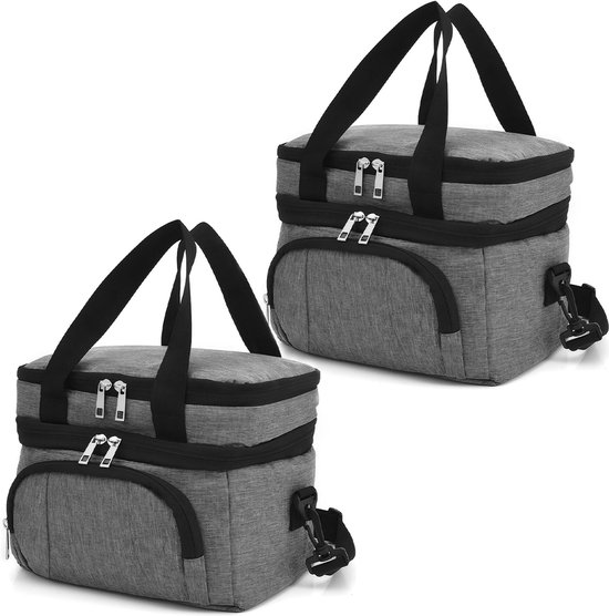 2-Stuks- Geïsoleerde Koeltas - Lunchtas Dubbellaagse Opslag - 12 L Picknicktas - Slijtvast 600D Oxford Materiaal - Warmte / Koude Retentie 12 uur - Lekvrij / Waterdicht / Stofdicht - Drank, moedermelk, lunch, fruit Bewaren - Grijs van Lifewit