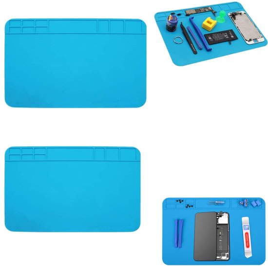 2 stuks hittebestendige mat - las anti slip mat - siliconen hittebestendige mat - reparatie siliconen mat - met opbergvak- waterdicht- gemakkelijk schoon te maken - opberghulpmiddel - geschikt voor telefoonreparatie, werkbank, lassen (blauw, 30*20cm)