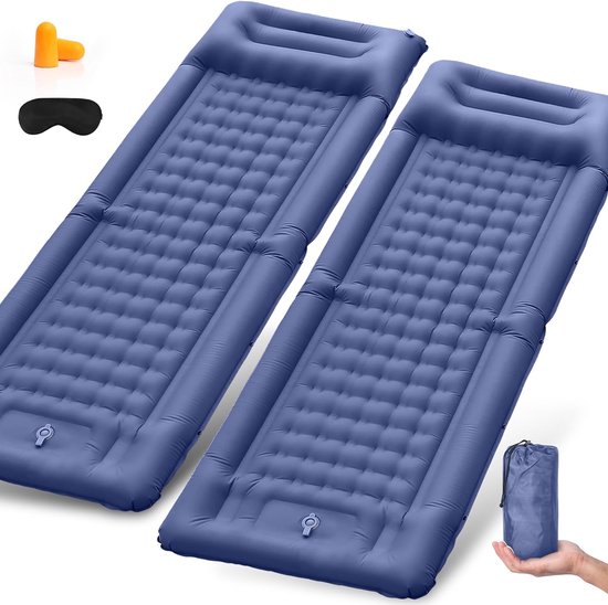 2 stuks isolerende slaapmat, zelfopblaasbaar, 11 cm dik, ultralicht, waterdicht, met voetpomp en hoofdkussen, opblaasbaar matras voor outdoor, wandelen, reizen van Merkloos