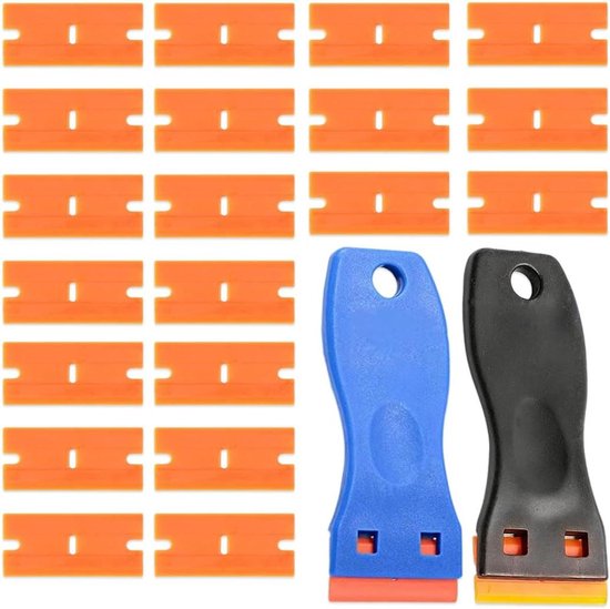2 stuks lijmverwijderingsschrapers x 2 + 20 kunststoffolies, laminaatwas-reparatieset, geschikt voor houtreparaties, vloervulling en reparatie van krassen (blauw, zwart)