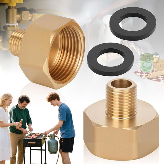 2 Stuks LPG Adapter voor Gas Slangen, Reducers van 1/4 naar 3/8, Messing Verbinder met Rubber Seals voor Camping en Kooktoestellen