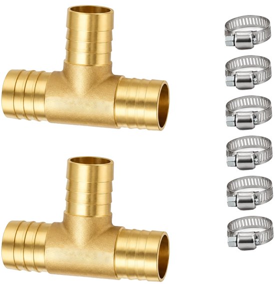 2 stuks messing 3-weg T-stuk slangverbinder 19 mm (3/4 inch) slangtuit met 6 roestvrijstalen slangklemmen voor water, lucht, gas, olie