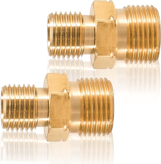 2 Stuks Messing Gaskraan Aansluiting Dubbele Nippel, Koppeling voor Propaan en Acetyleen Gasslangen, 1/4 Inch Rechts naar 3/8 Inch Links, Geschikt voor Gasinstallaties en Verwarming van Merkloos