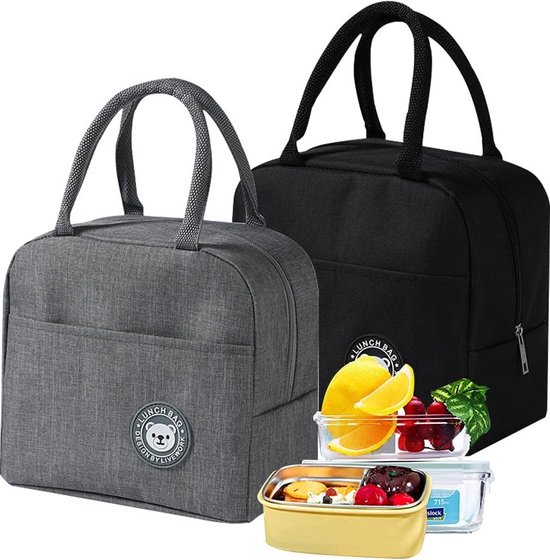 2 stuks mini-lunchtas, waterdichte picknicktas, lunchtas, thermotas, voor werk, school en onderweg, grijs, zwart van Aosbos