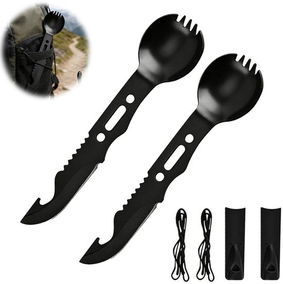 2 stuks - Multifunctionele kampeervork en -lepelset - Outdoor Bestek - Roestvrijstalen multifunctioneel bestek - Met flesopener en fluitje - Zwart - 16 x 2 x 3,8 cm - Geschikt voor kamperen, wandelen, backpacken en jagen