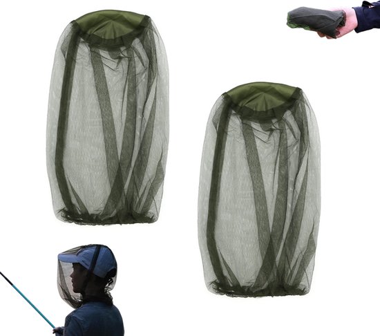 2 stuks - Muskietennet hoofd - Hoofdnet tegen muggen - Muskietenhoed - ademend - groen - voor vissen kamperen en bergwandelen past op alle soorten petten