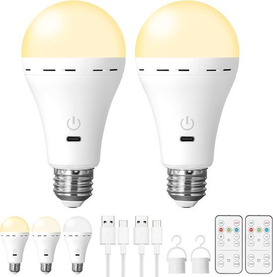 2 Stuks Oplaadbare LED Lamp E27 - 3W met Afstandsbediening & Ophanghaak - USB-C Dimbare Noodverlichting - 3 Lichtkleuren & Timer - Voor Binnen & Buiten