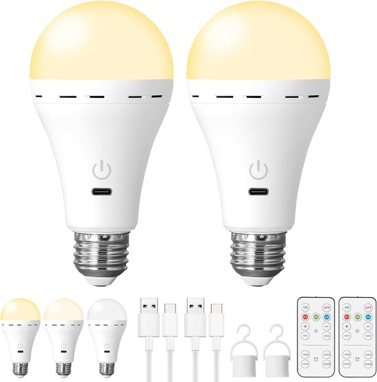 2 Stuks Oplaadbare LED Lamp met Afstandsbediening, E27 Fitting 3W, USB-C Oplaadbare Noodlamp met Batterij, 3 Kleurstanden & Dimbaar, Timerfunctie, Touch Control, Hanglamp voor Binnen & Buiten van Merkloos