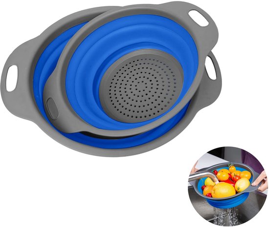 2 stuks - Opvouwbaar afdruiprek - afdruiprek met handvat - rond afdruiprek - fruitmand - ruimtebesparend keuken afdruiprek - Geschikt voor het wassen van fruit in keukens, restaurants en op feesten (blauw)
