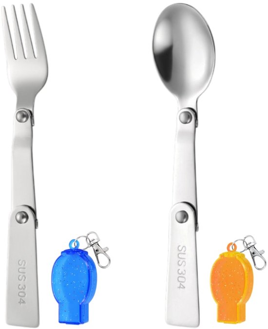 2 stuks-Opvouwbaar bestek - Reisbestek - Opvouwbare lepel - Opvouwbare vork - Campingbestek - Campingaccessoires - Met opbergdoos - Geschikt voor thuis, kamperen, picknicks en wandelen - Zilver - Lepel 16*3,5 cm - Vork 16*2,3 cm