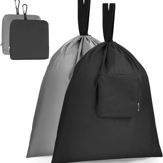 2 stuks opvouwbare kledingzak - met handgrepen - Camping waszak - Reiswaszakken - Camping - thuis slaapzaal reizen camping strand -zwart + grijs - Met karabijnhaak