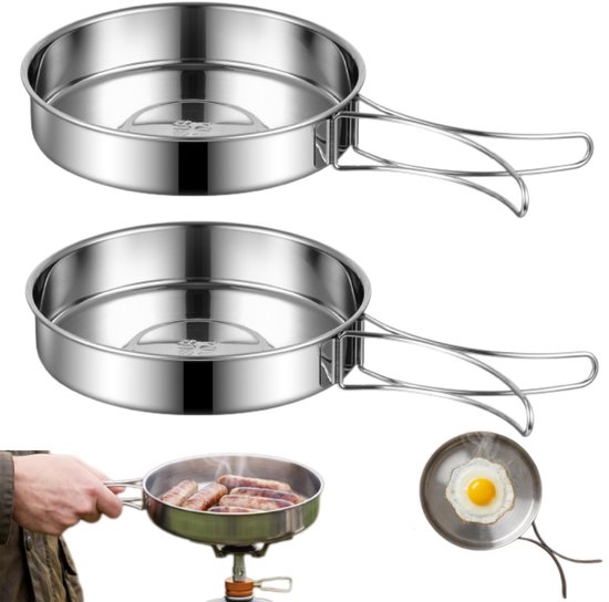 2 stuks - Opvouwbare koekenpan - Draagbare koekenpan - Koekenpan voor buiten - Roestvrijstalen campingkoekenpan - Met opvouwbaar handvat - Kookpot voor buiten - Kampeeruitrusting - Zilver - 15×15×3 cm - Geschikt voor wandelen, reizen en picknicks