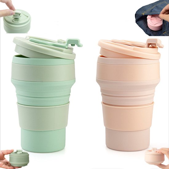 2 stuks - Opvouwbare mok - Draagbare siliconen mok van 350 ml - Opvouwbare koffiemok - BPA-vrij - Opvouwbare reismok - Herbruikbare Drinkbeker met Deksel - groen en roze - Perfect voor picknicks, kamperen, wandelen en reizen.