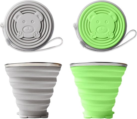 2 stuks opvouwbare reisbekers, opvouwbare koffiebeker met deksel, 320 ml, BPA-vrij, intrekbaar, geschikt voor picknick, camping, outdoor, wandelen, reizen (groen + grijs)
