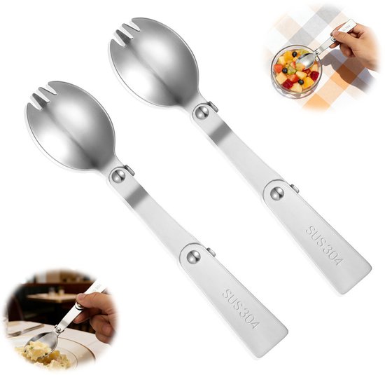 2 stuks - Opvouwbare vork en saladelepel - Roestvrijstalen drievoudig opvouwbare lepel - Draagbare opvouwbare lepel en vork - Draagbaar outdoor bestek - Geschikt voor buitenreizen en kamperen, compatibel met geïsoleerde lunchboxen