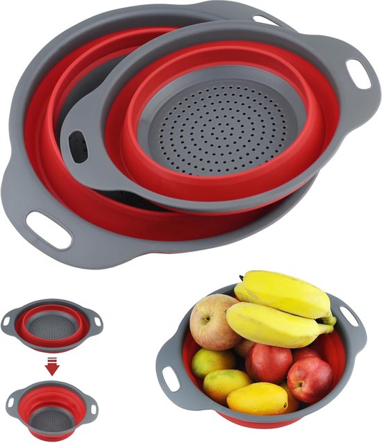 2 stuks pastazeef, opvouwbare zeef, vouwzeef, afdruipzeef in siliconen, doorslagzeef, keukenzeef, comfortabel wassen van groenten en fruit, pastafiltering, opslag in de keuken, camping dragen