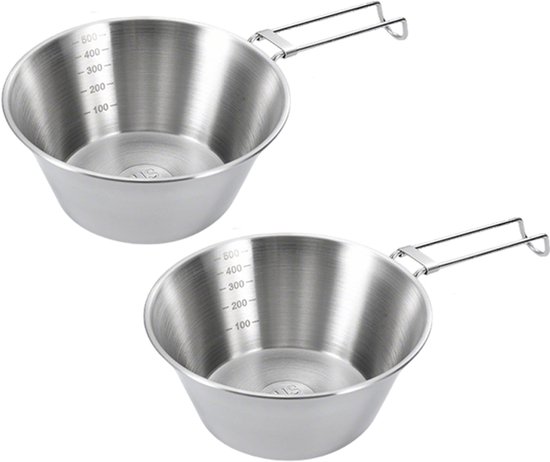 2-stuks roestvrijstalen kampeerkookset - Roestvrijstalen kom - Opvouwbare kom - Draagbare voedselkom - 500ml - Gemakkelijk schoon te maken - Geschikt voor picknicks, wandelen, barbecueën, kamperen in de buitenlucht en bergbeklimmen - Zilver