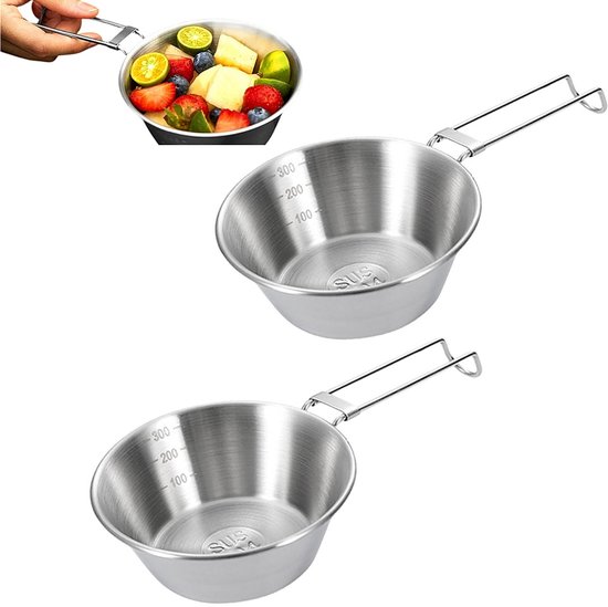 2-stuks roestvrijstalen kampeerkookset - Roestvrijstalen kom - Opvouwbare kom - Draagbare voedselkom - Krasbestendig - Gemakkelijk schoon te maken - 8 * 12 * 4,5 cm - voor gebruik bij kamperen en picknicken in de buitenlucht - zilver
