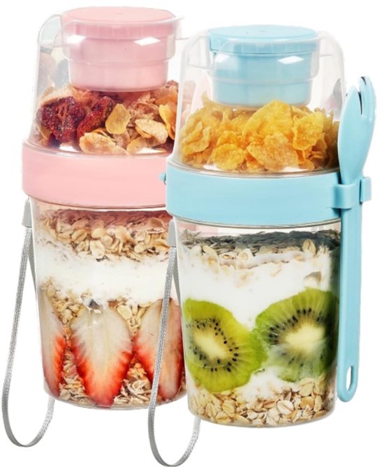2 stuks Saladebeker - Ontbijtbeker - Yoghurtbeker - Masonbeker - Draagbaar - Met vork - Extern dipsausbakje - Geschikt voor woon-werkverkeer, buitenactiviteiten, kamperen, picknicks - Roze - Blauw - 9*19 cm - 560 ml