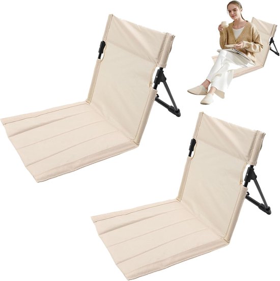 2 Stuks - Strandmat met Rugleuning - opvouwbare kampeerstoel - Opvouwbare strandstoel - Vouwstoel / kussen - campingstoel buiten - Klapstoel - draagbare campingstoel met opbergtas - lichtgewicht strandvloerstoel - Ultiem Strandcomfort - Beige