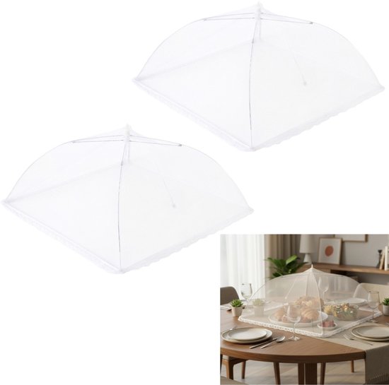 2 stuks - Vliegenkap - Voedselhoezen - Picknick mesh voedselhoes - Pop-up mesh voedselhoes - Herbruikbaar - Opvouwbaar - Voorkomt vliegen en insecten - Wit - 33*33 cm - Geschikt voor kamperen in de buitenlucht, picknicks en feestjes