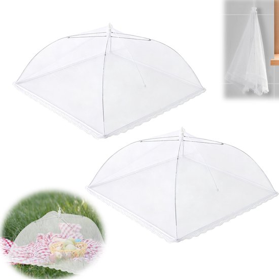 2 Stuks - Voedsel hoezen - Voedselhoezen opvouwbaar - Voedselkap vierkant - Wit voedselhoezen van gaas - 43 x 43 CM - beschermt eten tegen vliegen en insecten - geschikt voor thuis, picknick, barbecue en tuinfeest