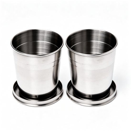 2 stuks - Vouwbeker - 250 ml - 2 stuks Vouwbeker - Vouwbeker uit roestvrij staal - Vouwbeker uit roestvrij staal - Kampeerbeker - Draagbare drinkbeker - Koffie/thee beker - Herbruikbaar - Met deksel - Roestvrij staal - Zilver