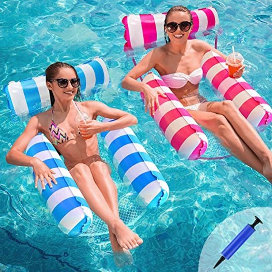 2 stuks zwembaddrijvende waterhangmat, zwevende zwembadstoel, 4-in-1 (zadel, loungestoel, hangmat, drifter), waterbank, voor volwassenen met draagbare inflator