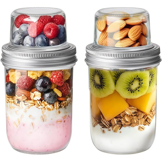 2 Yoghurt beker - Yoghurt beker to go - Muesli beker - Yoghurtbeker - Overnight oats bakjes - Yoghurtparfaitbekers - Dubbele compartimenten - Weckpotten - Chia pudding - Ontbijtgranen - Noten - Fruit - Maaltijdvoorbereiding - Salades - Geschenk